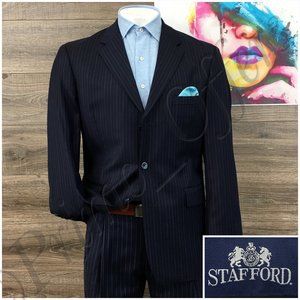 Stafford Mens Suit 2 Piece Set Size 42R Jacket Blazer Pants Wool Silk Navy Blues